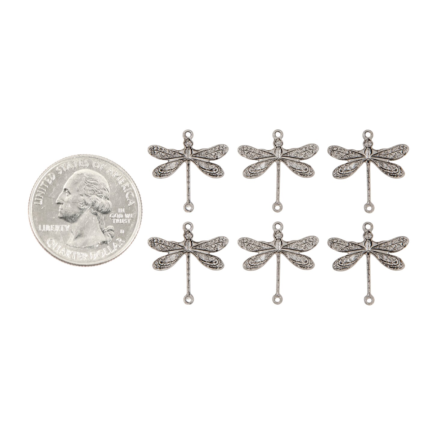 Pewter Plated Brass Smaller Ornate Dragonfly Two Ring Connectors - Set of Six - P-2C12