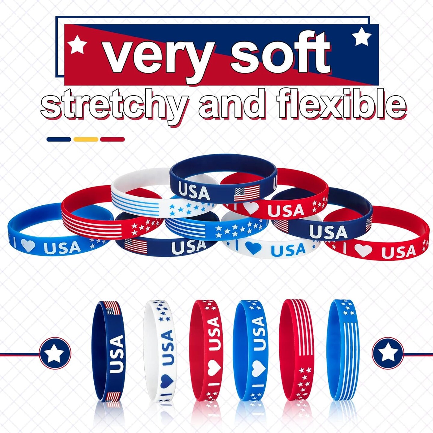 200 Pcs American Flag Silicone Bracelet Stretchable 4th of July Bracelets USA Patriotic Party Wristbands for Men Women Kids Independence Day Party Favors School Gifts Supplies, Red White Blue
