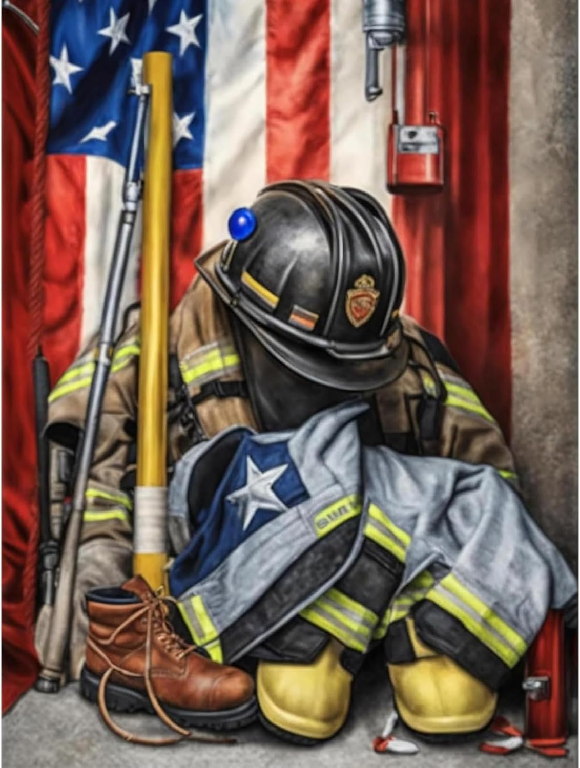DIY Diamond Painting Kits for Adults Beginner, American Flag Firefighter&#x27;s Gear Full Drill Embroidery Cross Stitch Crystal Rhinestone Paintings Pictures Arts Wall Decor 30x40cm/12x16inch