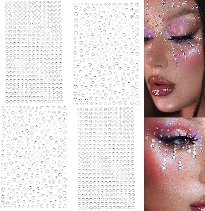 2116 pcs Self Adhesive Rhinestones for Makeup Eyes Face 6 Sheets Clear Rhinestones Stickers Bling Gems Jewels Stickers for DIY (White)