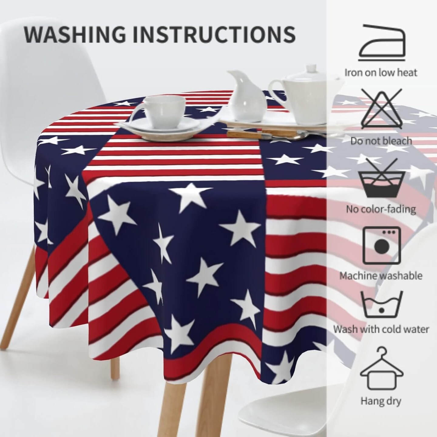 4th of July Patriotic Round Tablecloth 60 Inch Red White and Blue Stars Stripes American Flag Decorative Table Cloth Farmhouse for Holiday Party Dining Table Kitchen Decor