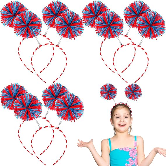 6 Pcs Pom Pom Headbands - 4th of July Head Boppers - Fluffy Ball Yarn Hairband - Party Hair Accessories for Women Girls - Patriotic Red White Blue