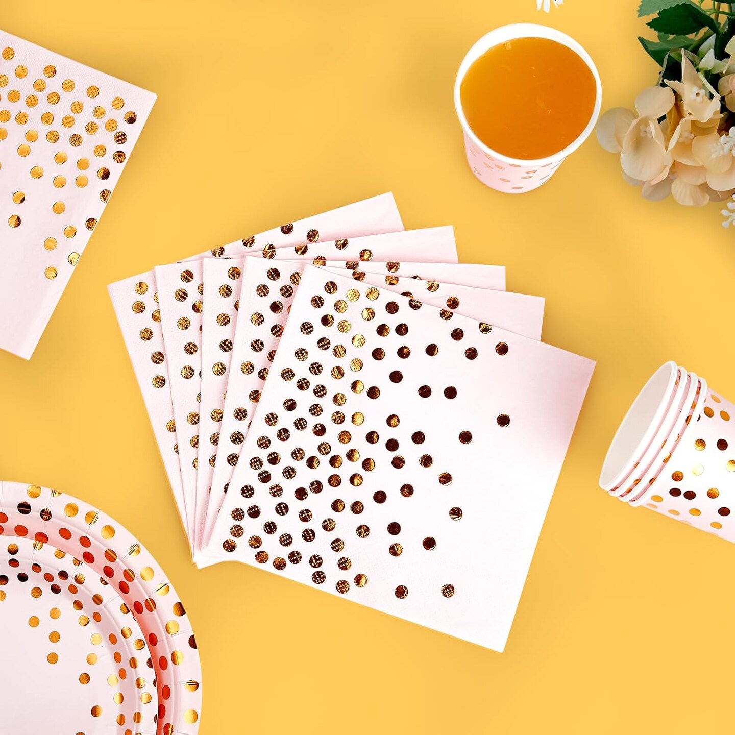 350-Piece Pink and Gold Party Supplies Set – Includes Pink Paper Plates, Napkins, Cups, and Gold Plastic Forks, Knives, and Spoons. Perfect for Graduations, Birthdays, and Cocktail Parties.