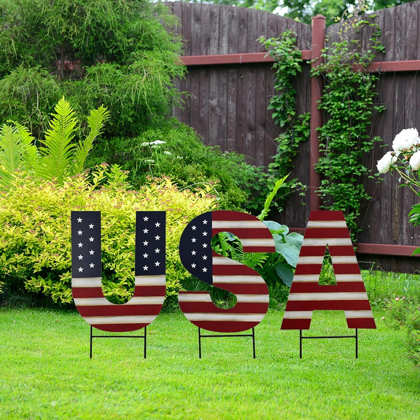 Metal USA Yard Decor Sign Patriotic Garden Stake 4th of July Outdoor Decorations Lawn Stakes Stars Decor American Flag Letter Set for Independence Day Memorial Veterans Day Party
