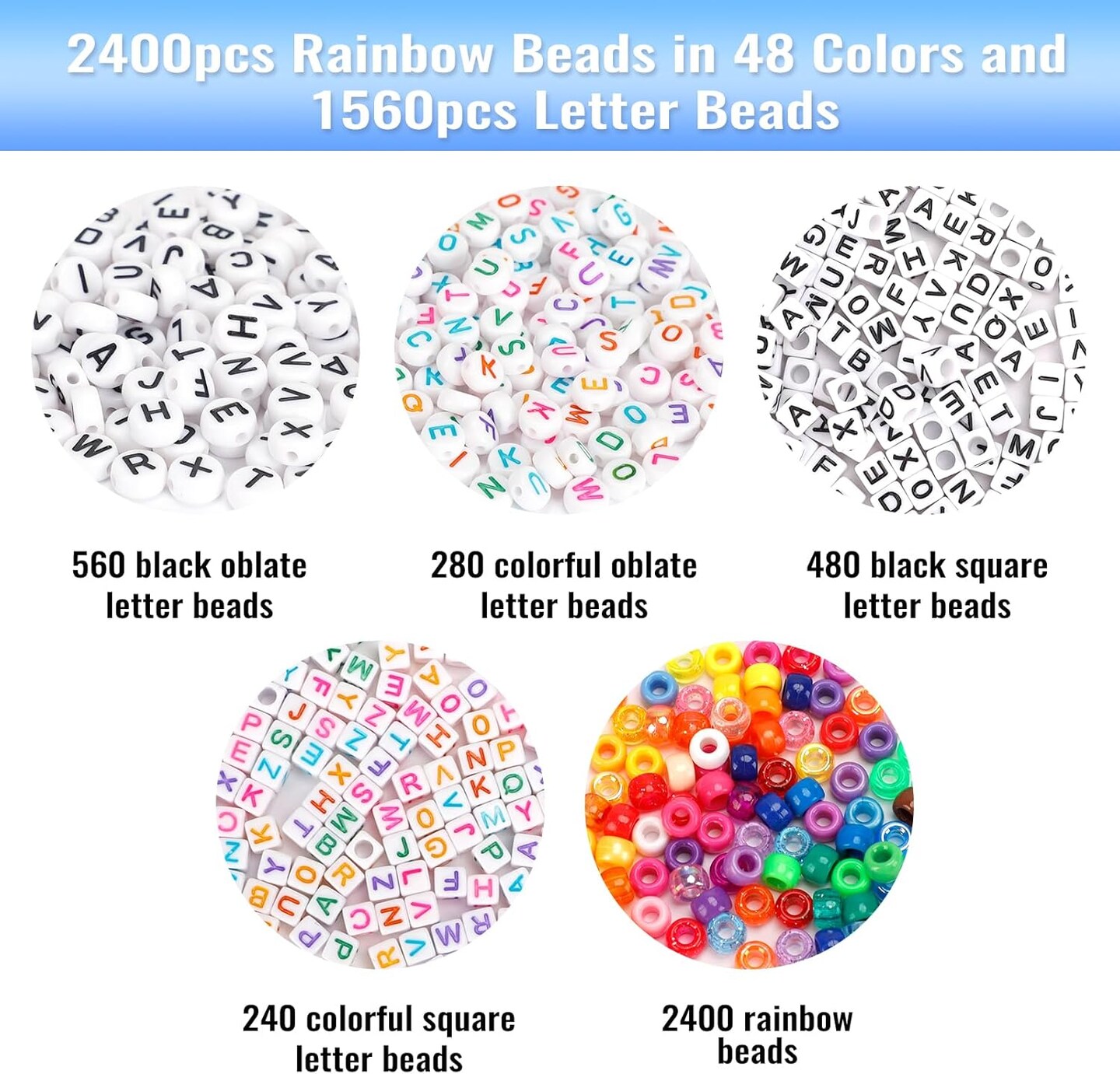 3960pcs Pony Beads for Friendship Bracelet Making Kit 48 Colors Kandi Beads Set, 2400pcs Plastic Rainbow Bulk and 1560pcs Letter Beads with 20 Meter Elastic Threads