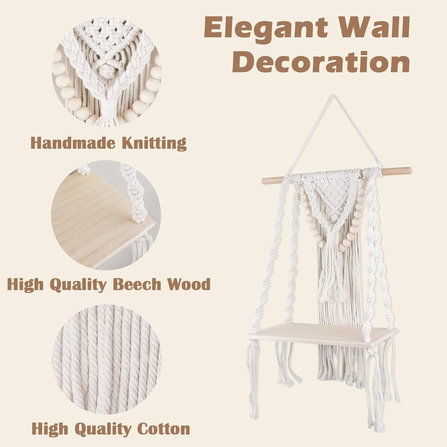 Handmade Macrame Wall Hanging Shelf – Boho Woven Floating Shelf for Plants, Storage, and Decor, Ideal for Bathroom, Bedroom, or Nursery