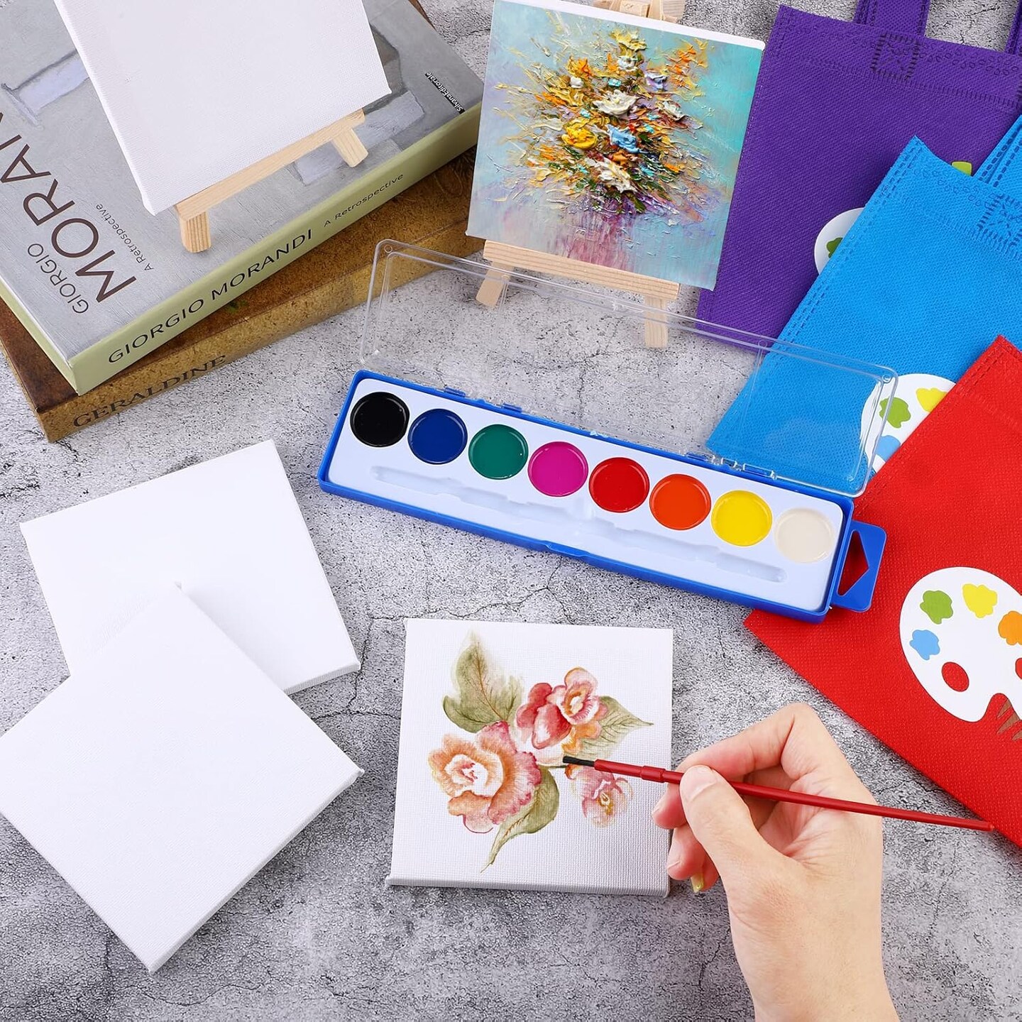 12 Watercolor Paint Set, 48 Pieces Mini Paint Set with 8 Colors Watercolor Paints, Mini Wood Easels, Canvas Bags, Aprons, Art Beginner Supplies