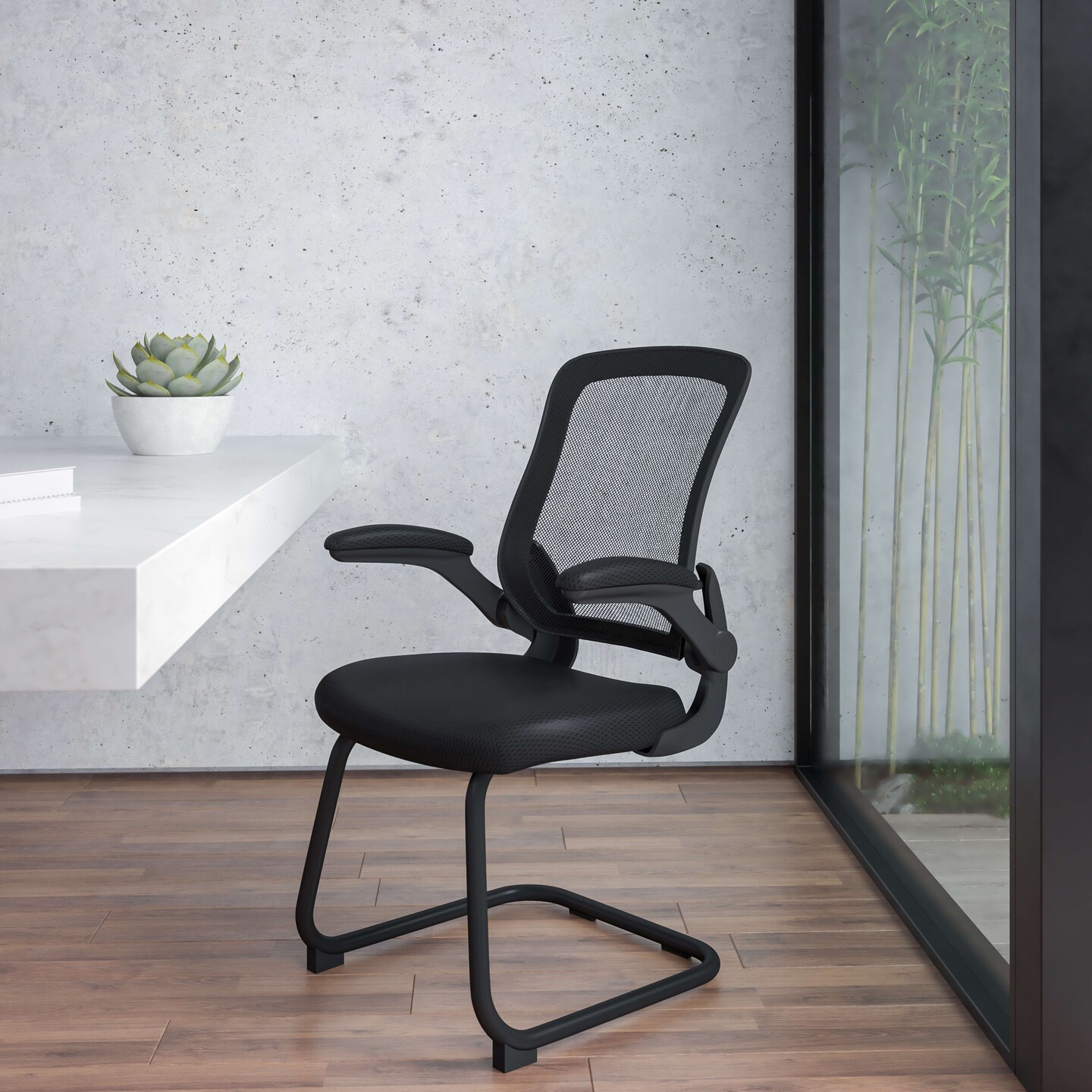 Emma and Oliver Mesh Sled Base Side Reception Chair with Flip-Up Arms