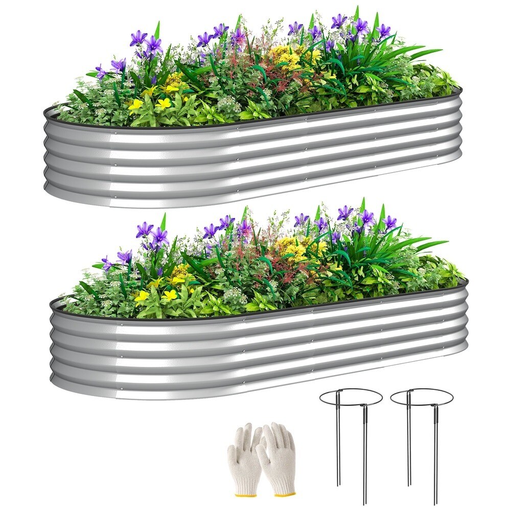 2 Pcs Galvanized Planter Boxes with Plant Support Stakes & Rubber Strap Edging