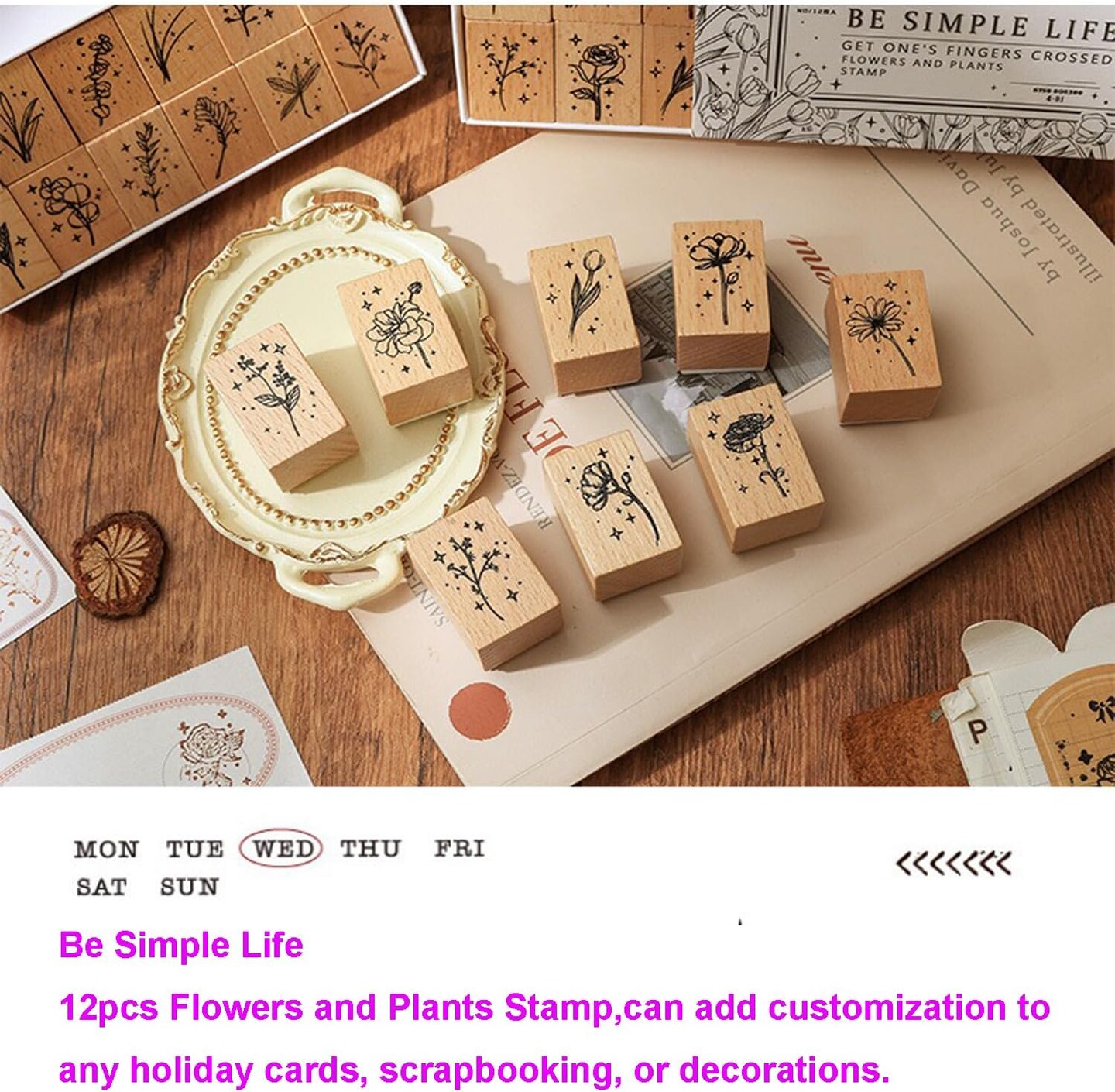 12Pcs Wooden Rubber Stamps Vintage Decorative Plant and Flower Wood Rubber Stamp Set