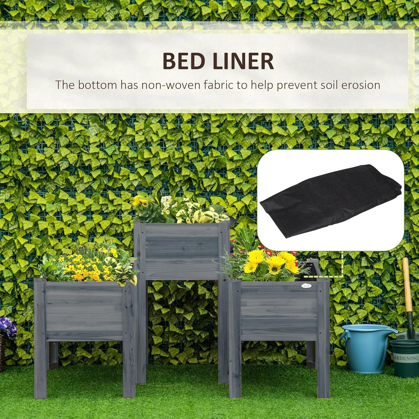 Set of 3 Wood Raised Garden Beds with Legs &#x26; Liners