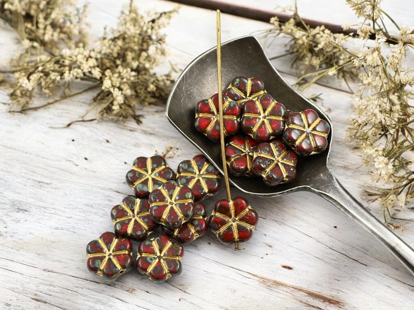 *15* 10mm Gold Washed Opaque Red Travertine Forget Me Not Flower Beads