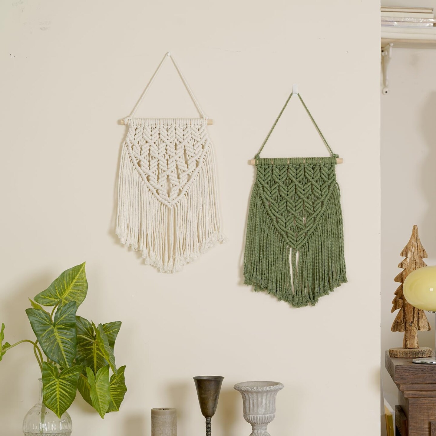 Small Macramé Wall Hanging – Boho Green Tapestry, Cute Aesthetic Wall Art for Bedroom, Living Room, Dorm, Nursery, or Office, 16" x 10", Perfect for Teen Girls and Small Spaces