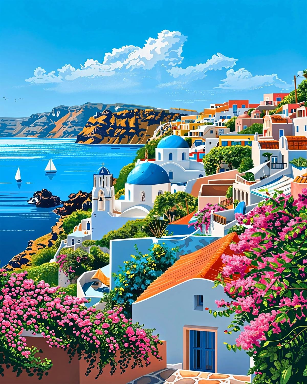 Paint by Numbers Kit for Adults- Santorini Adult Paint by Number Kits on Canvas, Landscape Painting with Numbers Craft for Home Decor