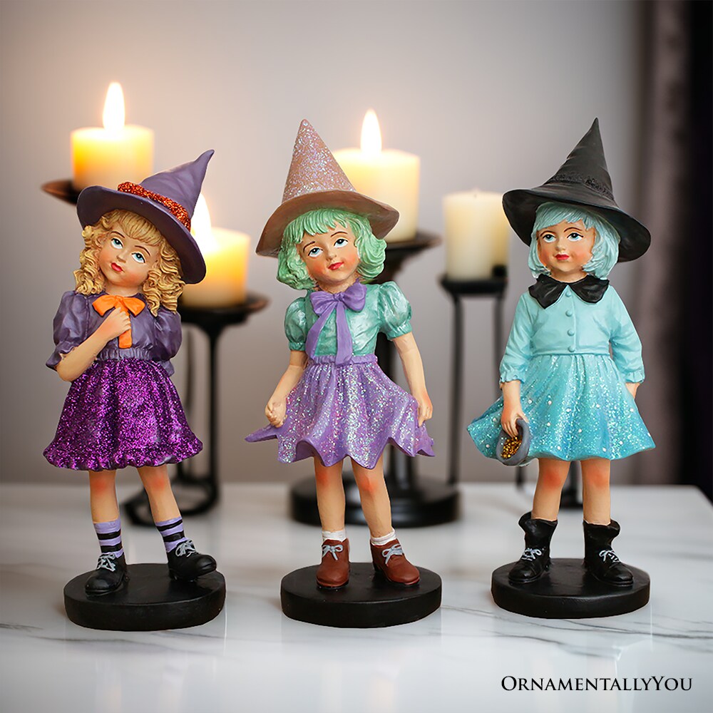 Mystical Victorian Witch Sisters Set of Three Figurines, Enchanted 6&#x22; Statues for a Bewitching Halloween Tabletop Display
