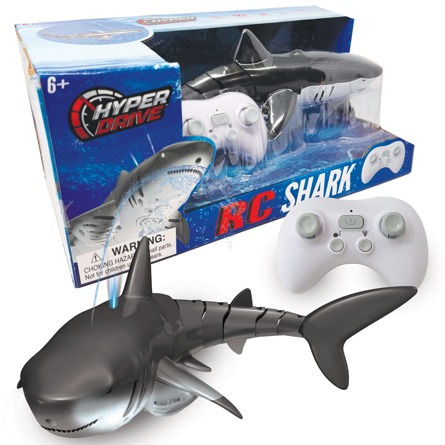Hyper Drive: RC Shark - Gray - Light Up Remote Control Swimming Shark, 2.4 GHz, Sprays Water, Realistic Tail Motion, 360 Rotate, Water Play, Kids 6+