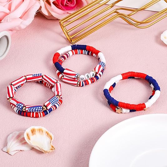 6-Pack American Flag Bracelets – Red, White & Blue Beaded Patriotic Accessories for 4th of July, Citizenship, and Gifts for Women & Men
