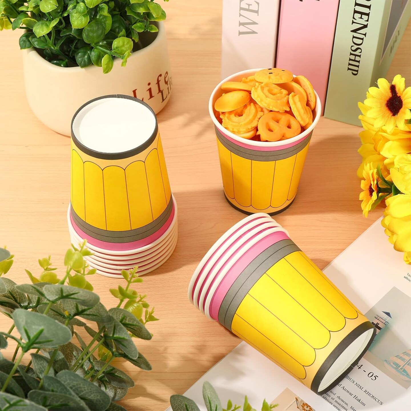 50Pcs Back to School Paper Cups 9 oz Yellow Pencil Design Disposable Cups School Season Coffee Tea Cups Cute Small Snack Cups for First Day of School Party Supplies