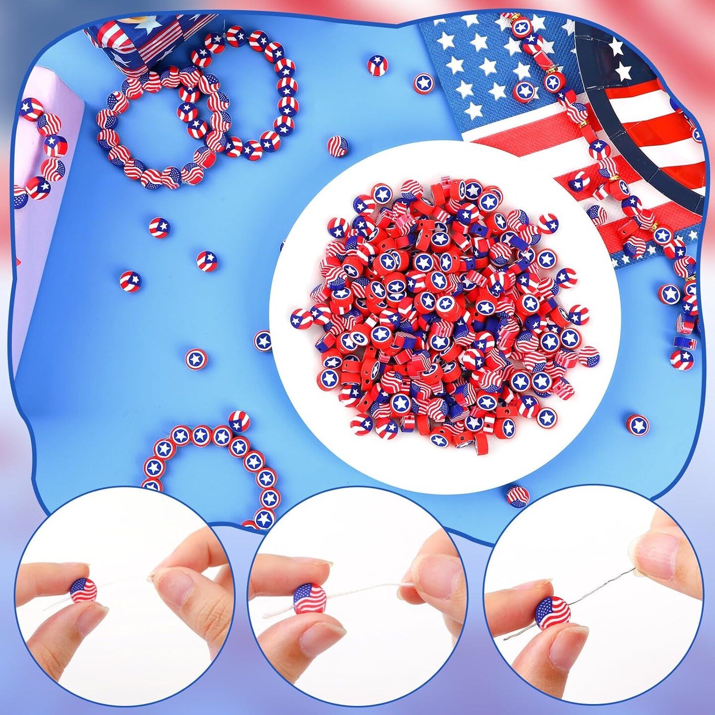 300pcs 4th of July Polymer Clay Beads – Red, White & Blue American Flag Spacer Beads for DIY Jewelry, Bracelets, Necklaces, Patriotic Craft Projects, and Independence Day Party Supplies