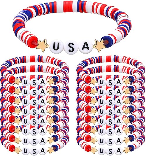 USA Bracelets Bulk 4th of July Accessories Red White and Blue Polymer Clay Beaded Stretch Bracelets for Women USA Jewelry Independence Day 4th of July Patriotic Party Favors Gifts
