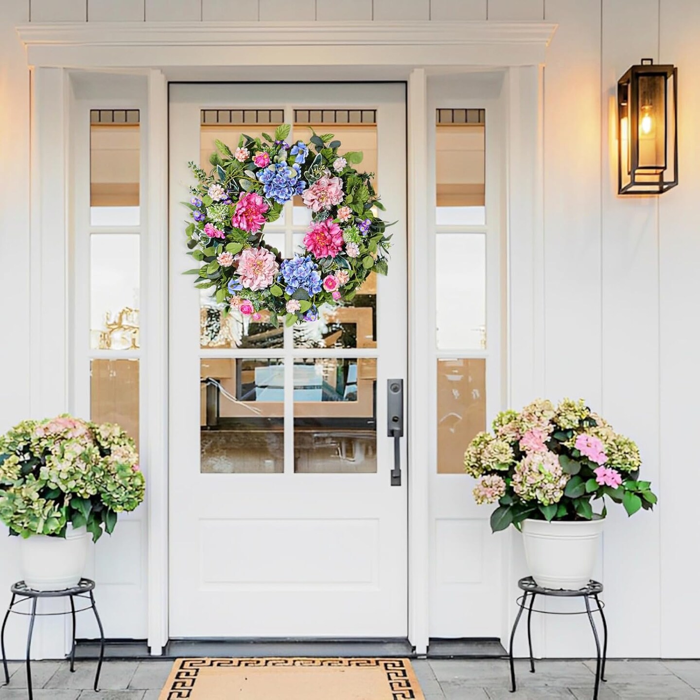 24 inch Summer Wreath for Front Door, Artificial Floral Wreaths with Green Leaves Daisy Peony Hydrangea Eucalyptus for Porch Patio Garden Wall Decor,Indoor Outdoor Party Holiday Decoration