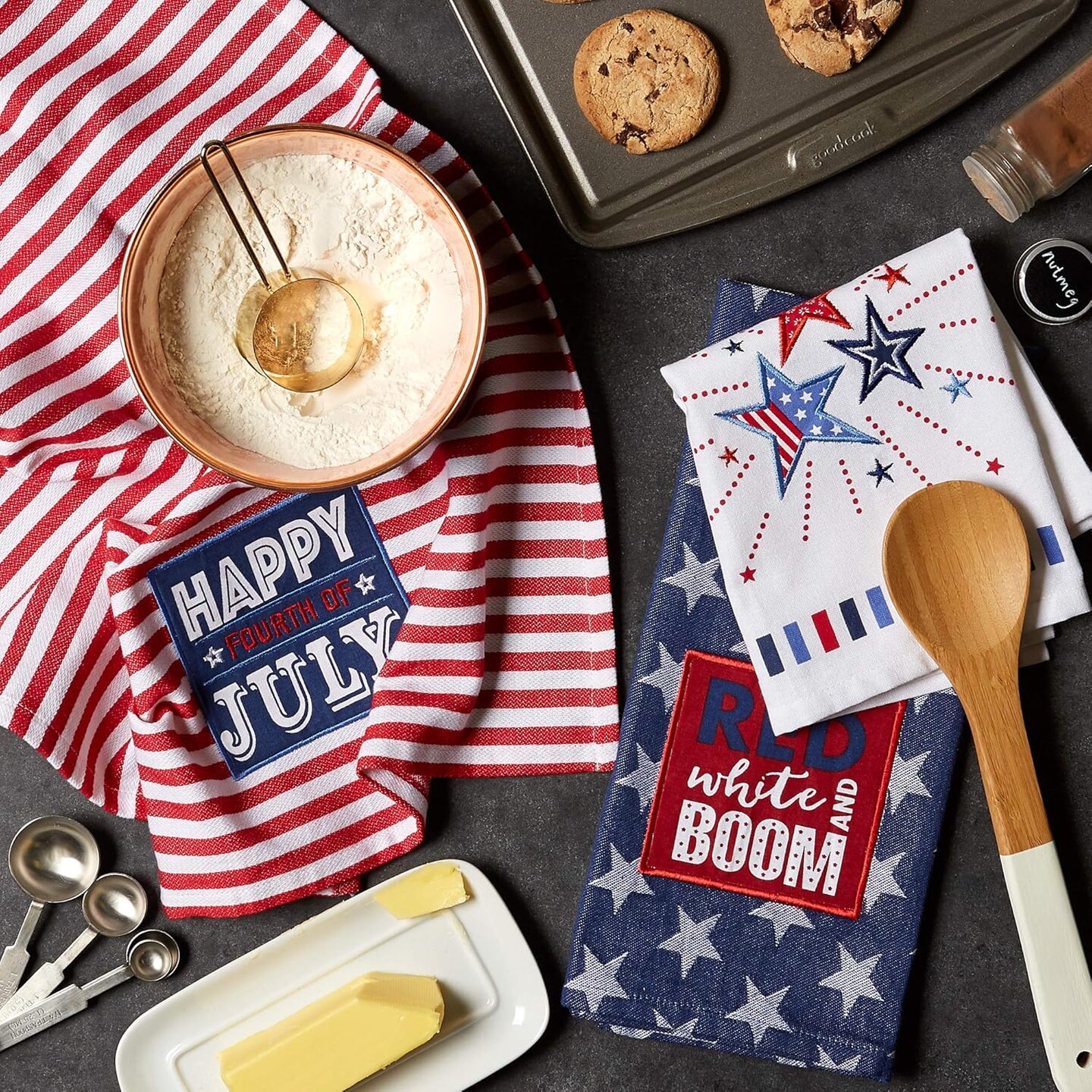 Patriotic Dish Towel Set – 3 Decorative Kitchen Towels, 18x28, Red, White & Blue “Boom” Design
