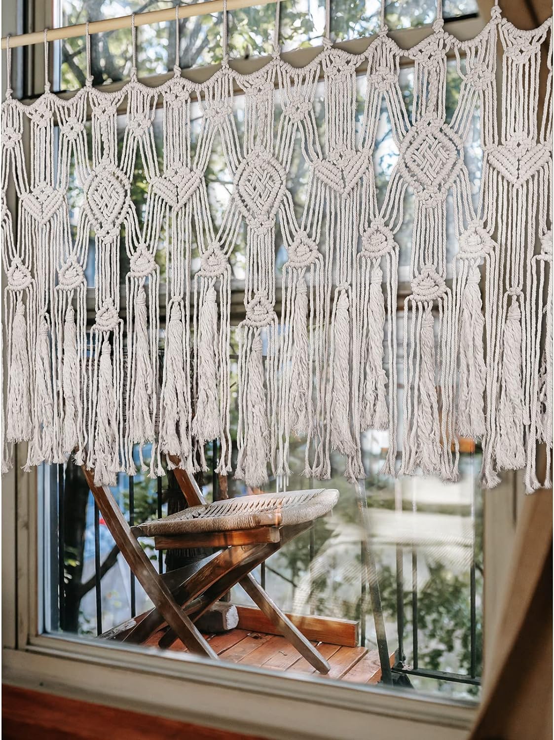 Macrame Curtains Valance with Bead for Kichen Boho Window Short Doorway Curtains Valance Wall Hanging Treatments Above Bed Decor for Bedroom Livingroom Kitchen Bathroom Wall Decor 47x22Inch