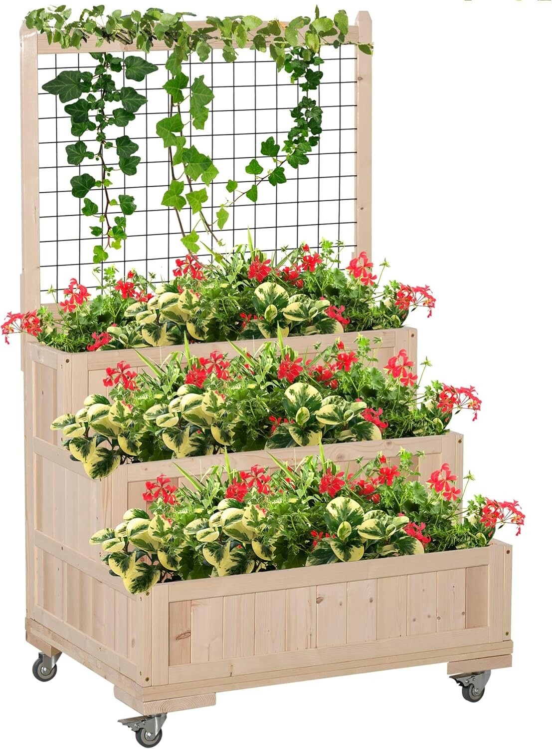 3-Tier Wooden Raised Garden Bed with Wheels, Trellis & Back Storage