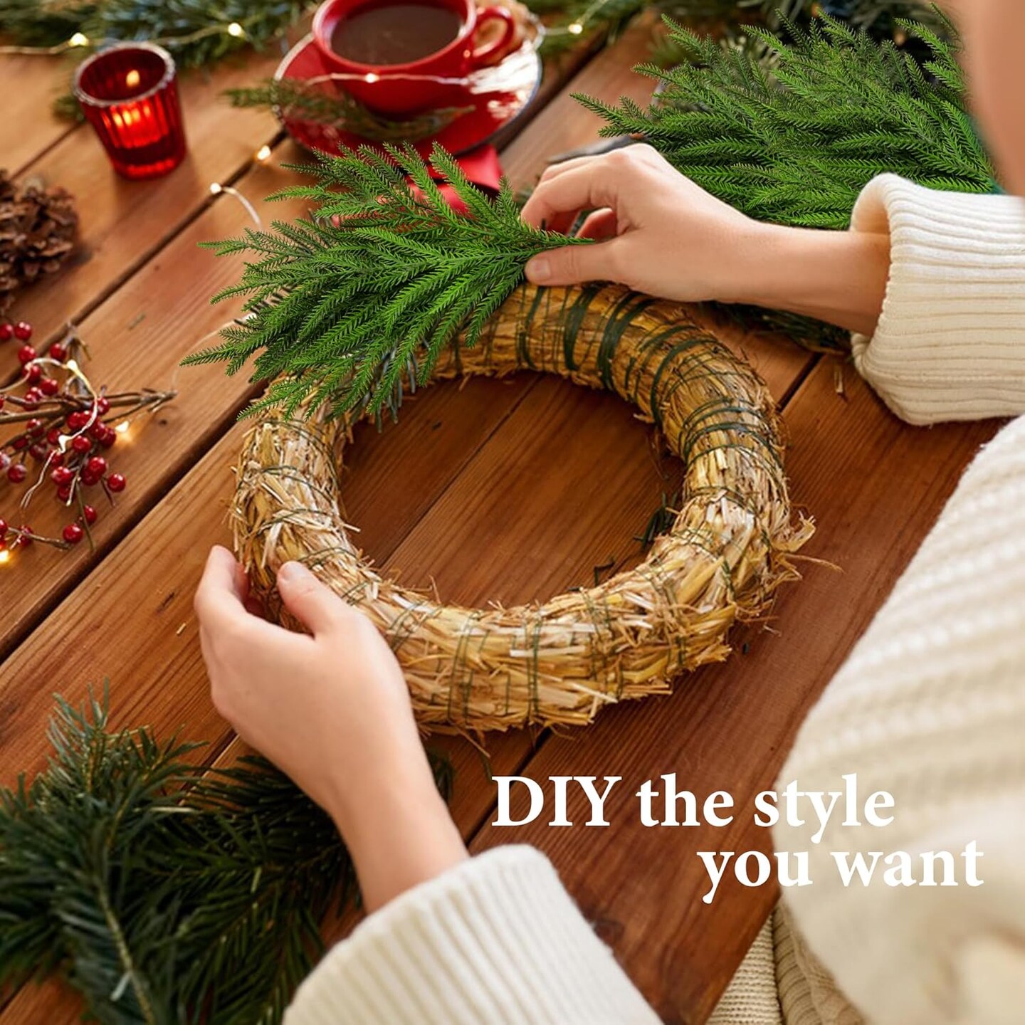 12Pcs Norfolk Pine Stems Realistic Lifelike Christmas (Green) 1"D x 1"W x 1"H