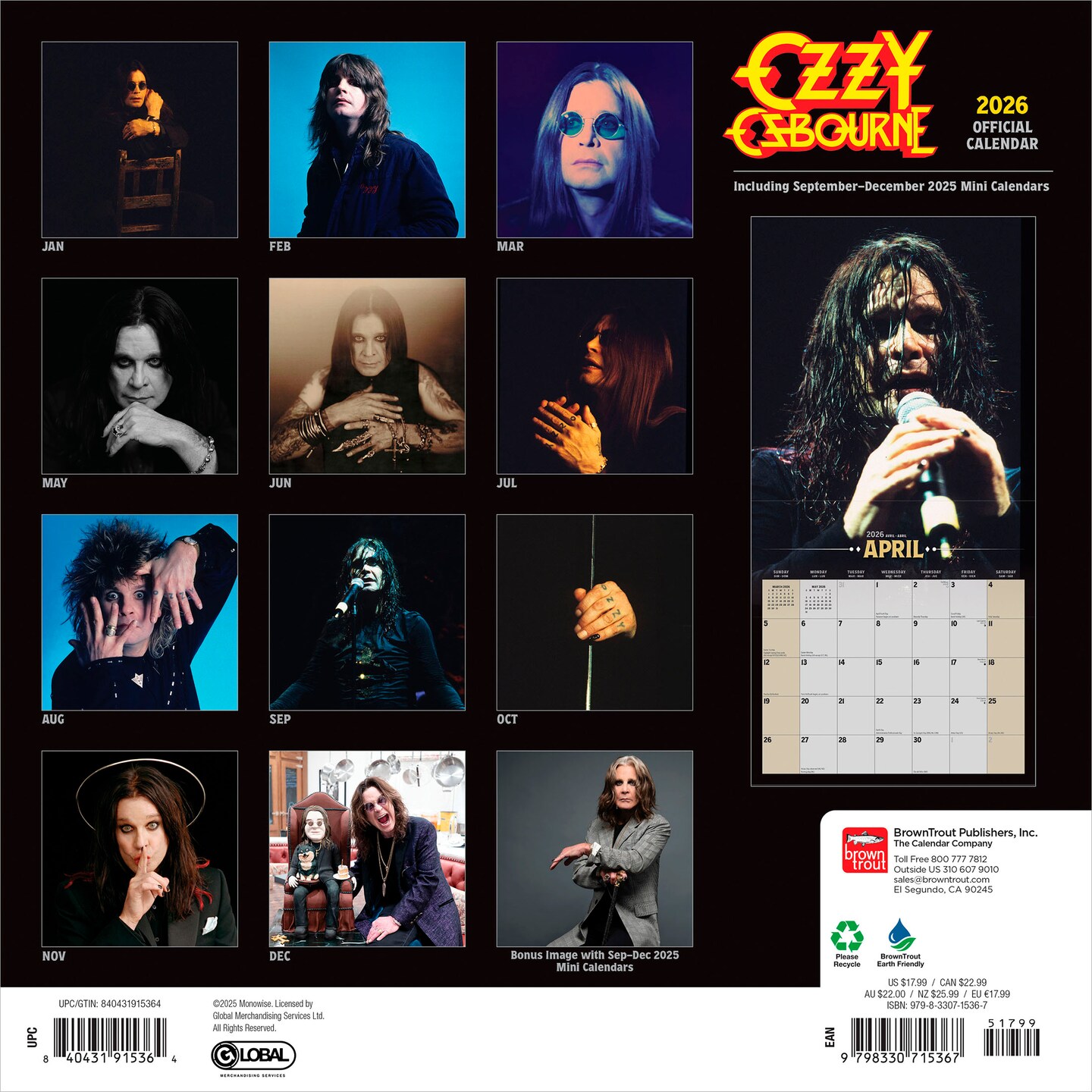 Ozzy Osbourne OFFICIAL | 2026 12 x 24 Inch (Hanging) Monthly Square Wall Calendar