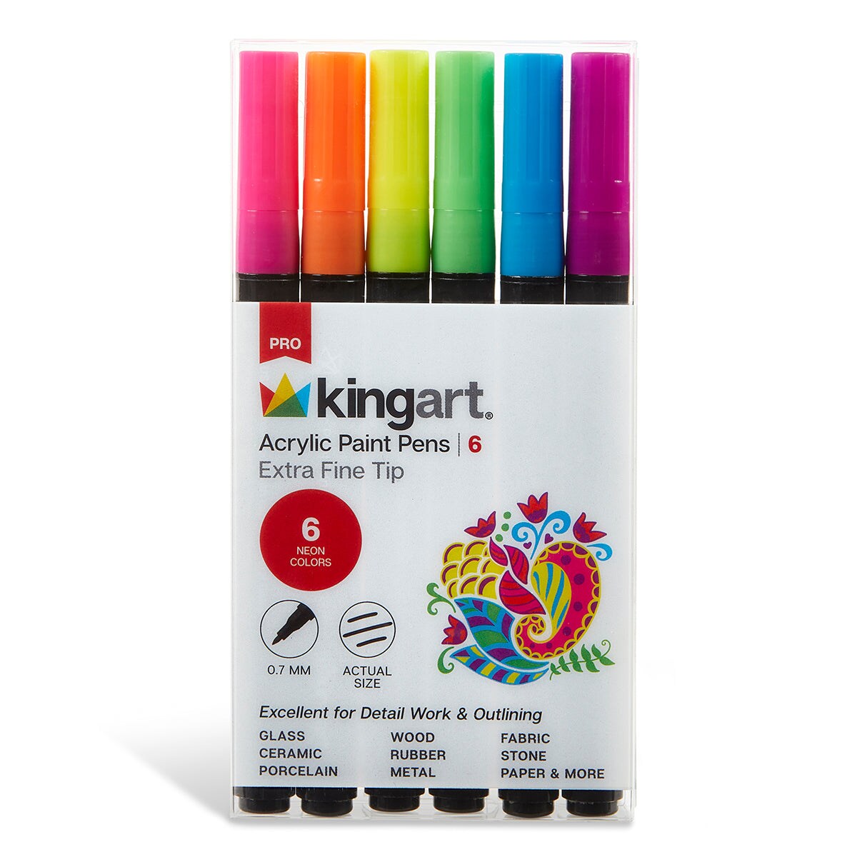 KINGART&#xAE; PRO Paint Pens Extra Fine Tip, 6 Neon Colors