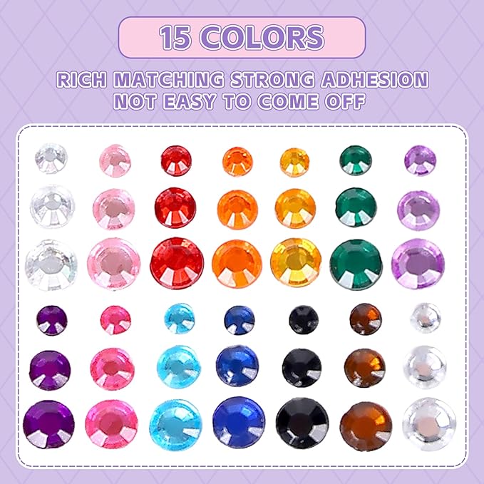 900PCS Self Adhesive Rhinestone Stickers, Gem Sticker for Face, Hair, Craft, Clothes, Shoes, Phone, 3 mm to 5 mm Multicolored Diamond Stickers for DIY