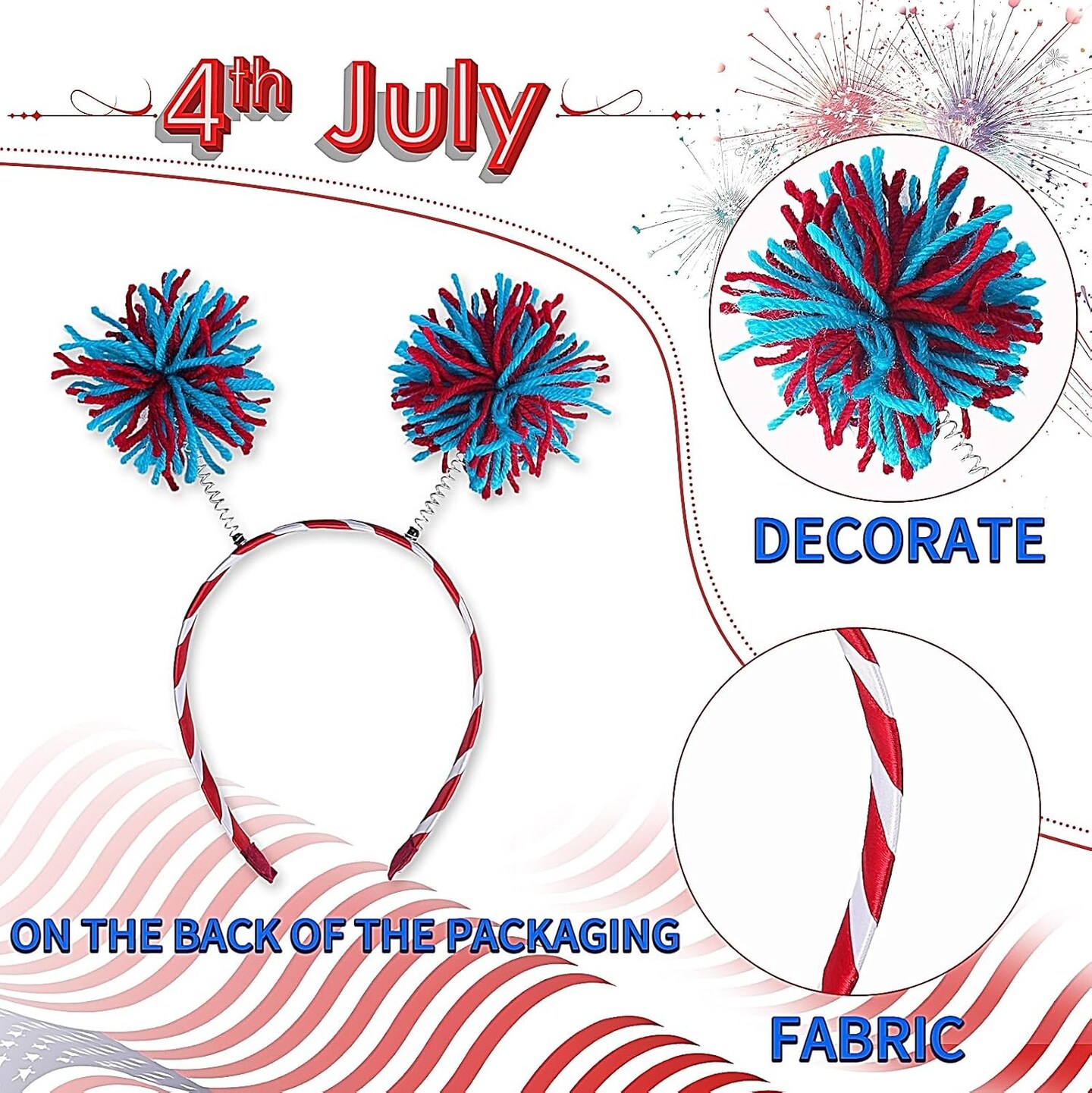 4th of July Pom Headband Independence Day Head Bopper Pom Party Headbands National Memorial Day Headbands Patriotic Headbands for Kids Adult Women Girls&#x27; Costume Accessories