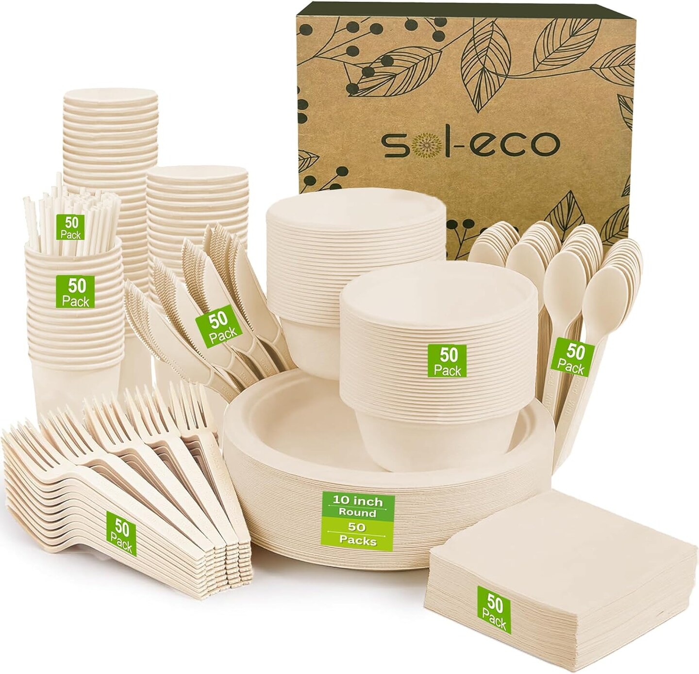 Compostable Paper Plates, 400 PCS Heavy-Duty Compostable Plates, Party Paper Plates &#x26; bowls (10 inch &#x26; 20 oz) Forks, Knives, Spoons, Cups &#x26; Napkins for Party, 50 Guest