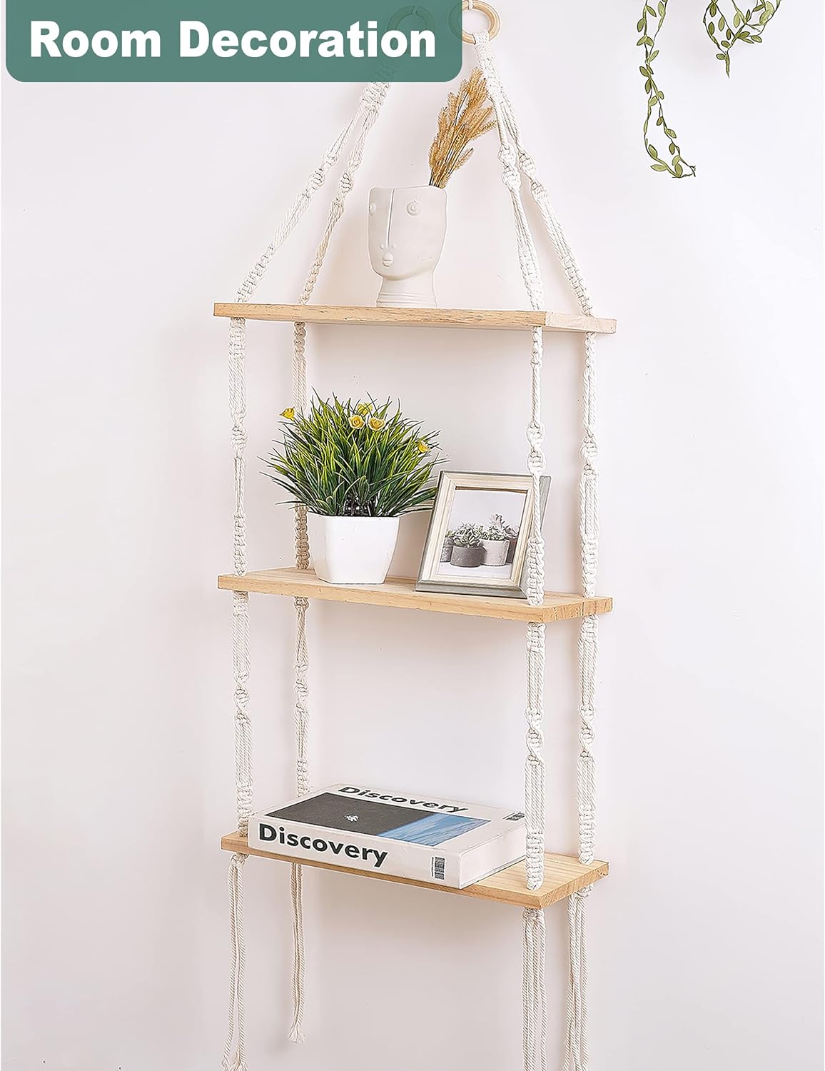 Boho 3-Tier Wooden Plant Shelves - Macrame Wall Hanging Storage for Apartment, Bathroom, Living Room, Bedroom
