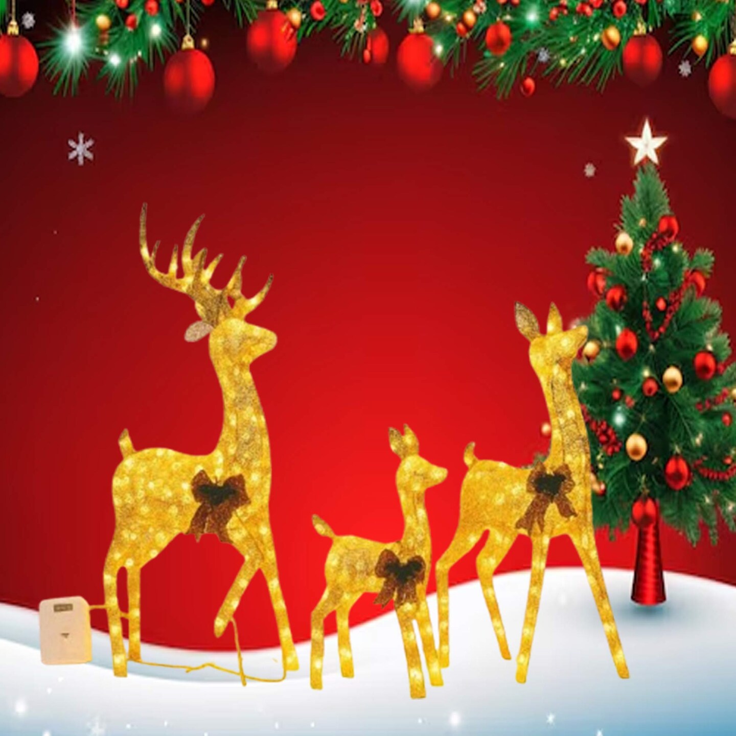 Three Deer Figures, Champagne Cotton Thread, Holiday Decoration 52" + 46" + 29"