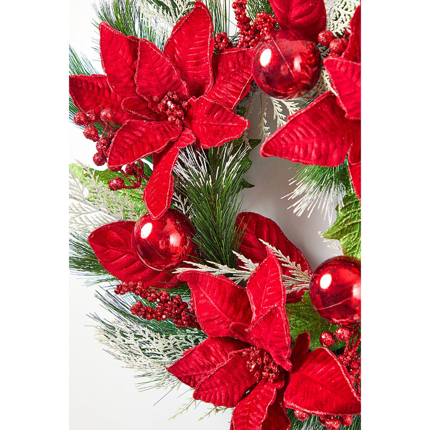 22” Poinsettia with Pine Wreath Classic Christmas Wreath with Red Flowers, Pinecones & Greenery