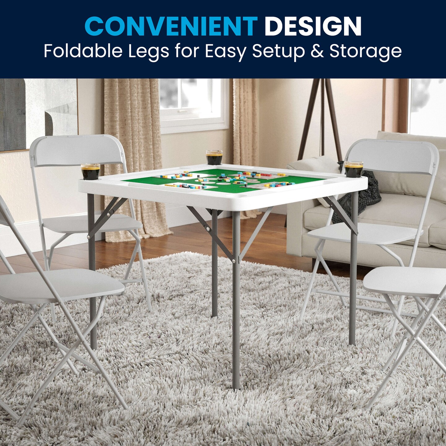 Emma and Oliver Tannin 34.5" Square White Folding Card Game Table for 4-Players with a Green Felt Playing Surface and Cup Holders