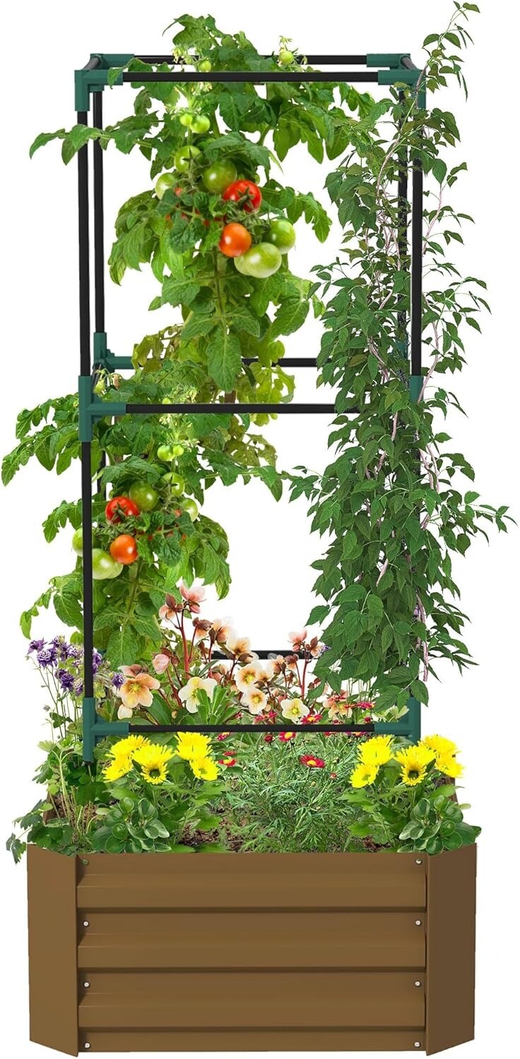 Galvanized Raised Garden Bed with 3-Tier Trellis