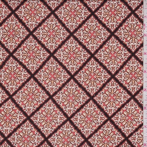 Persimmon Orange Scroll Lattice Crinkled Gauze Fabric By the Yard