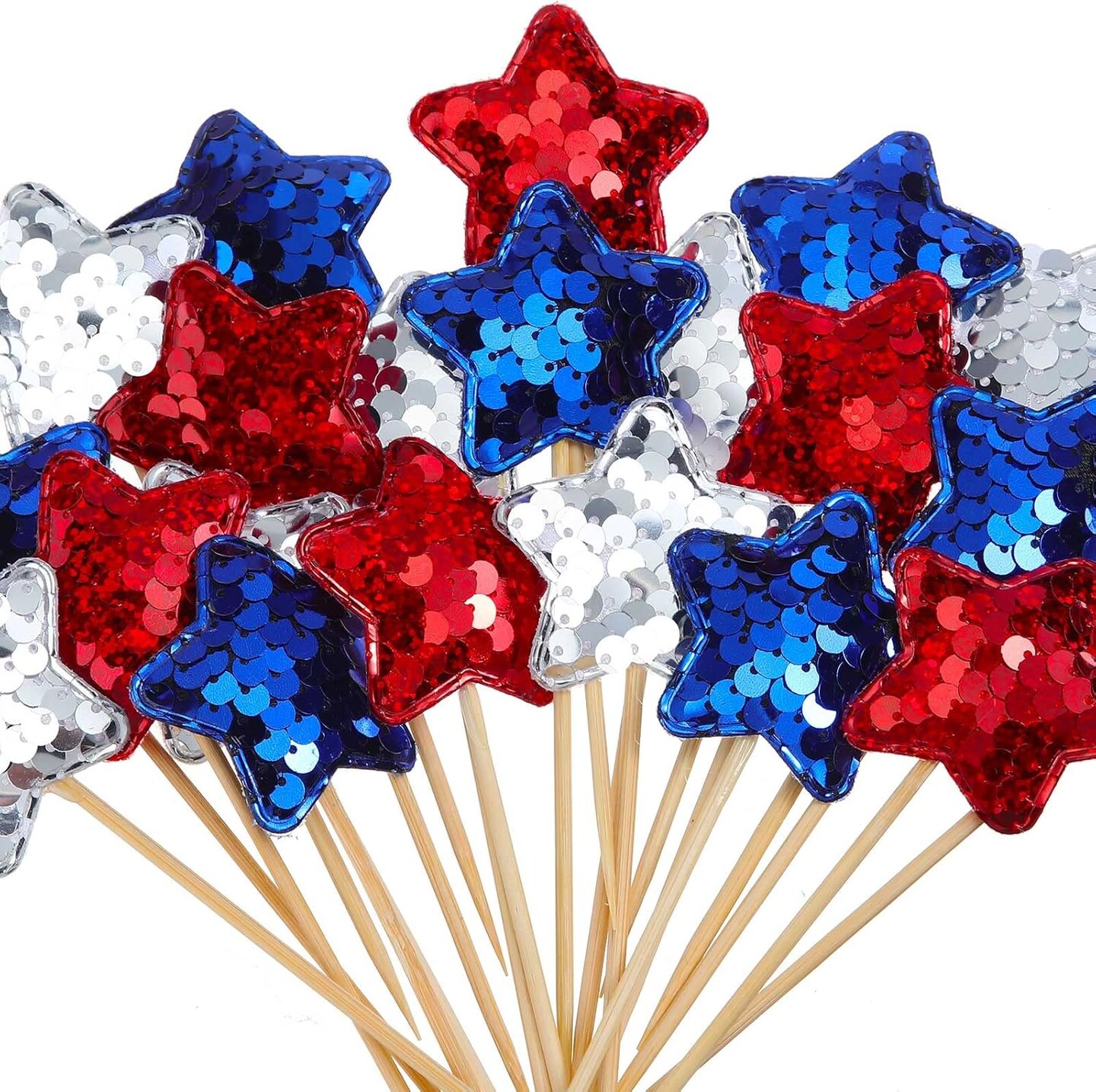 120 Pcs Glitter Star 4th of July Cupcake Toppers Patriotic Cupcake Toppers Glitter Independence Day Cupcake Picks Blue Red Silver Cupcake Toppers for Independence Day Party Supplies Favors