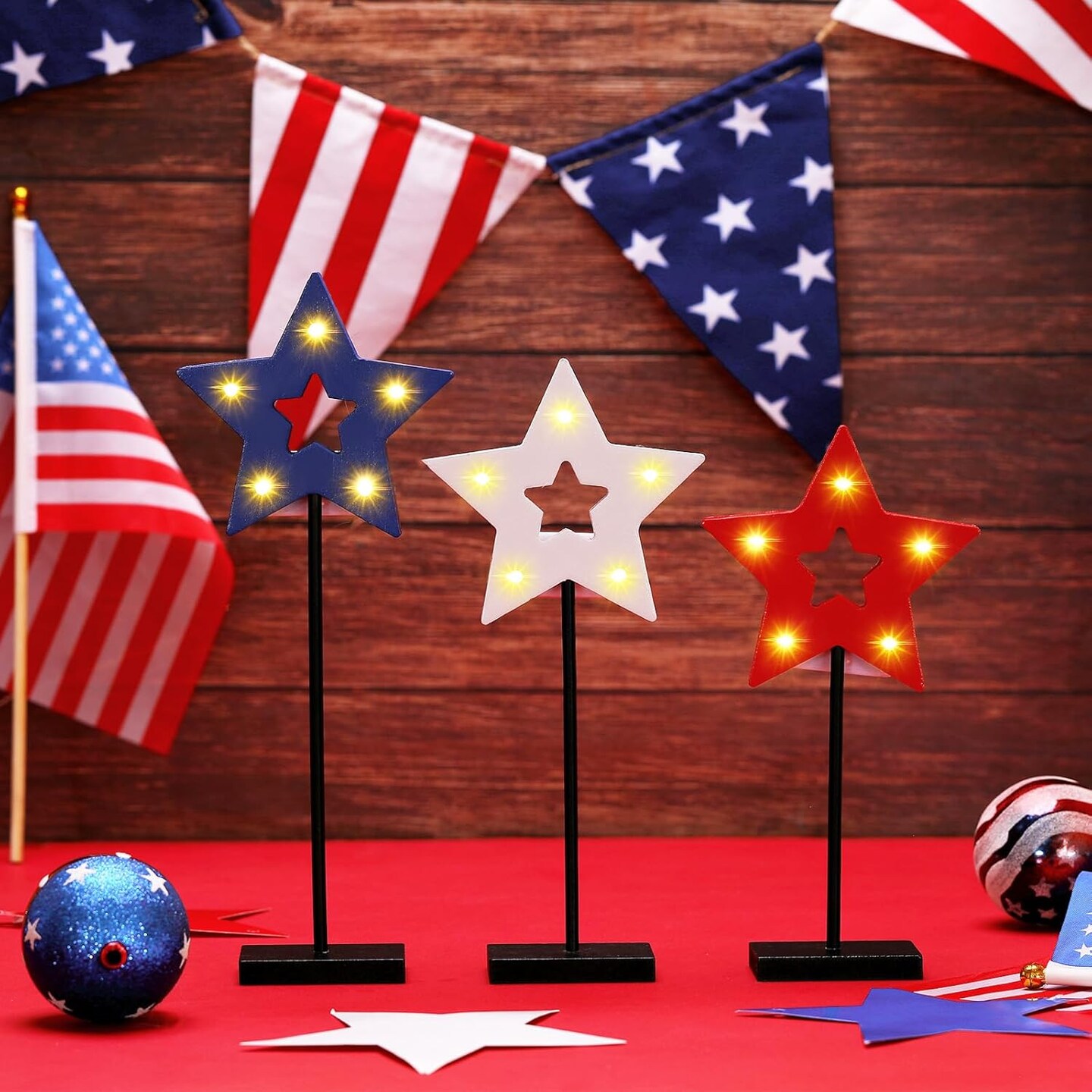 3pc Light-Up Patriotic Wooden Stars - Hollow LED Star Centerpieces for 4th of July