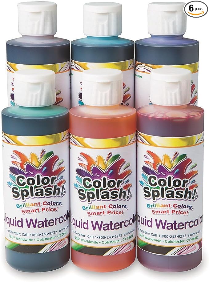 Liquid Watercolor Paint, 6 Vivid Colors, 8-oz Flip-Top Bottles, for All Watercolor Painting, Use to Tint Slime, Clay, Glue, Shaving Cream, Non-Toxic. Pack of 6.