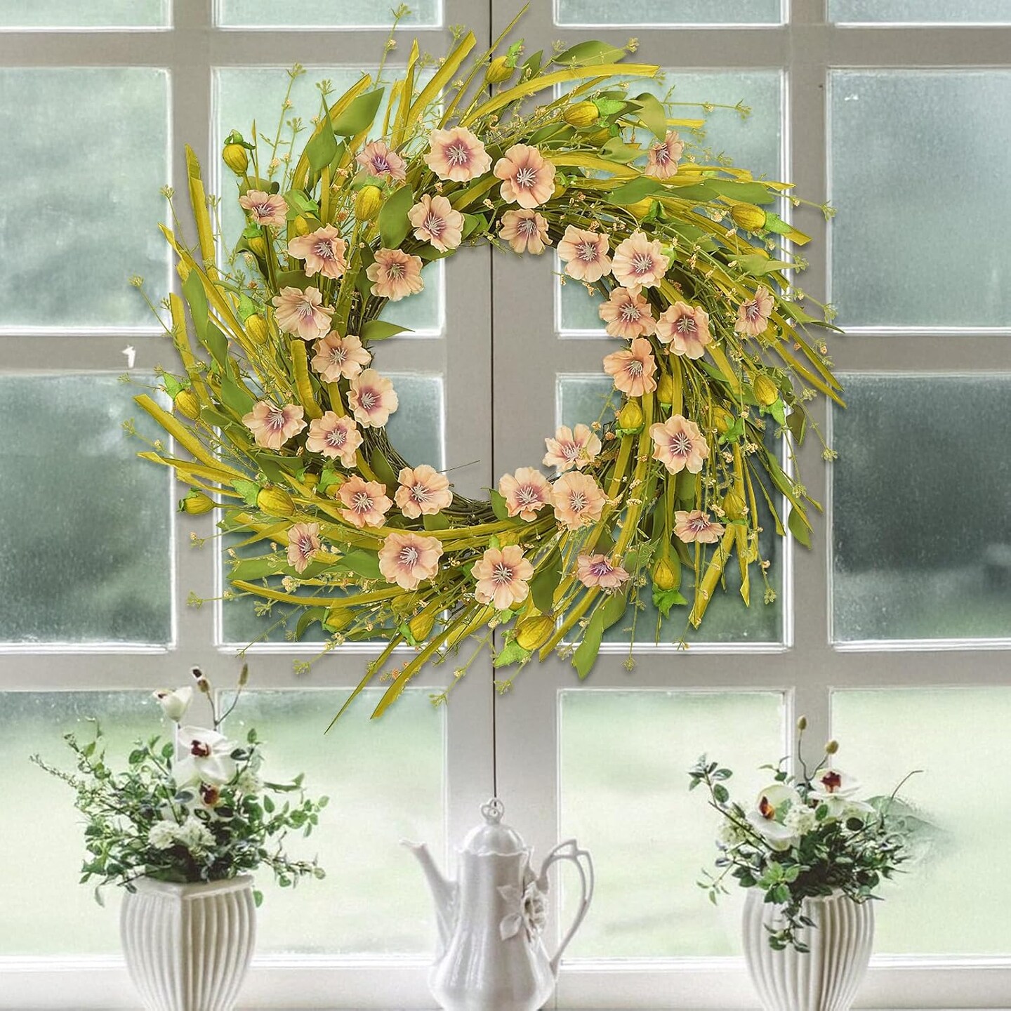 26 Inch Summer Champagne Daisy Wreath for Front Door with Freesia, Baby&#x27;s Breath Floral Wreath for Indoor Outdoor, Home Door Wall Window Wedding Party Festival Decorations