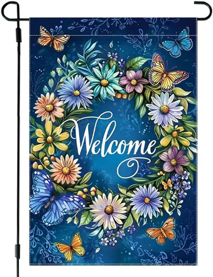 Welcome Spring Summer Garden Flag 12x18 Inch Double Sided, Burlap Blue Wreath Floral Butterfly Yard Outdoor Flags