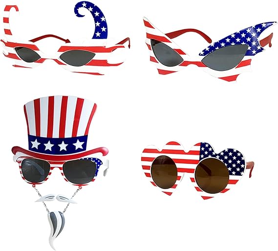Pack of American Flag Sunglasses, USA Patriotic Party Glasses and Masks, Fun Plastic Eyewear for 4th of July, Independence Day, and Party Photo Props