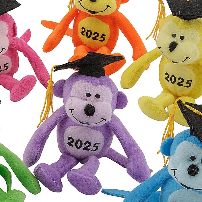 6" Graduation Class of 2025 Neon Multicolor Stuffed Monkeys 12 Pieces