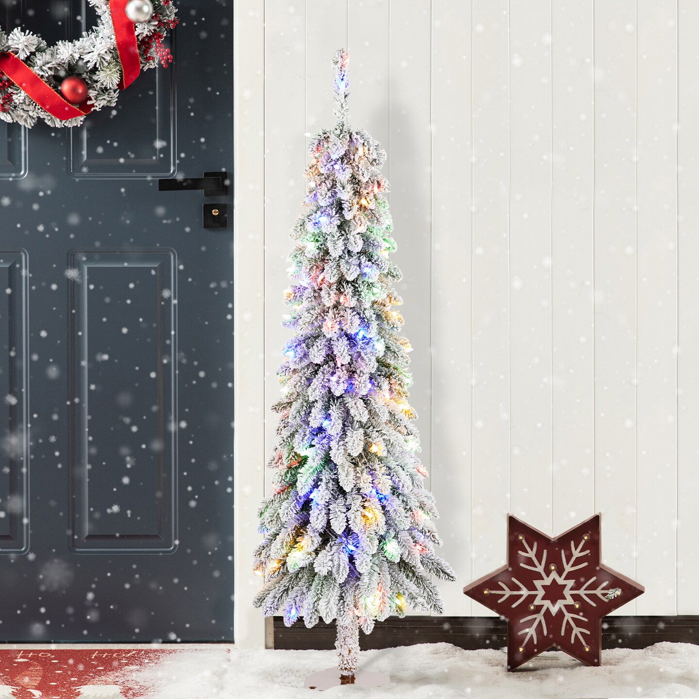 Set of 2/3 4.5/6/7.5FT Flocked Artificial Christmas Tree with C3 Clear LED Lights,9 function w/Foot Pedal