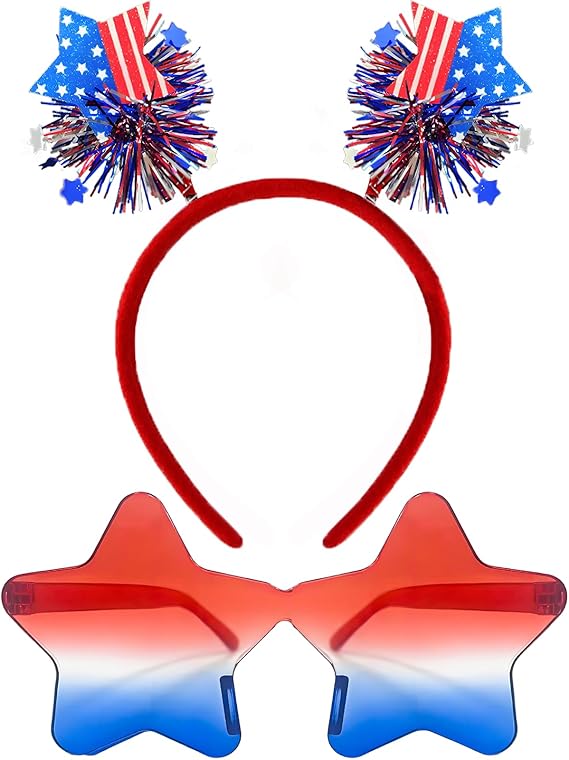 Patriotic Star Headband & Star-Shaped Glasses Set – Red, White & Blue Head Bopper Costume Accessories for 4th of July, Independence Day, Memorial Day, Veterans Day, Parades & Parties