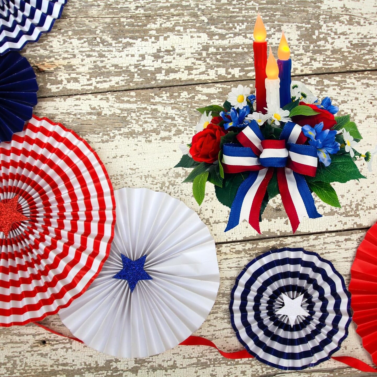 4th of July Decorations,Patriotic Floral Arrangement Centerpiece for Table, Red White and Blue Fake Flowers Fourth of July Taper Flameless Candles for Independence Day Home Decor